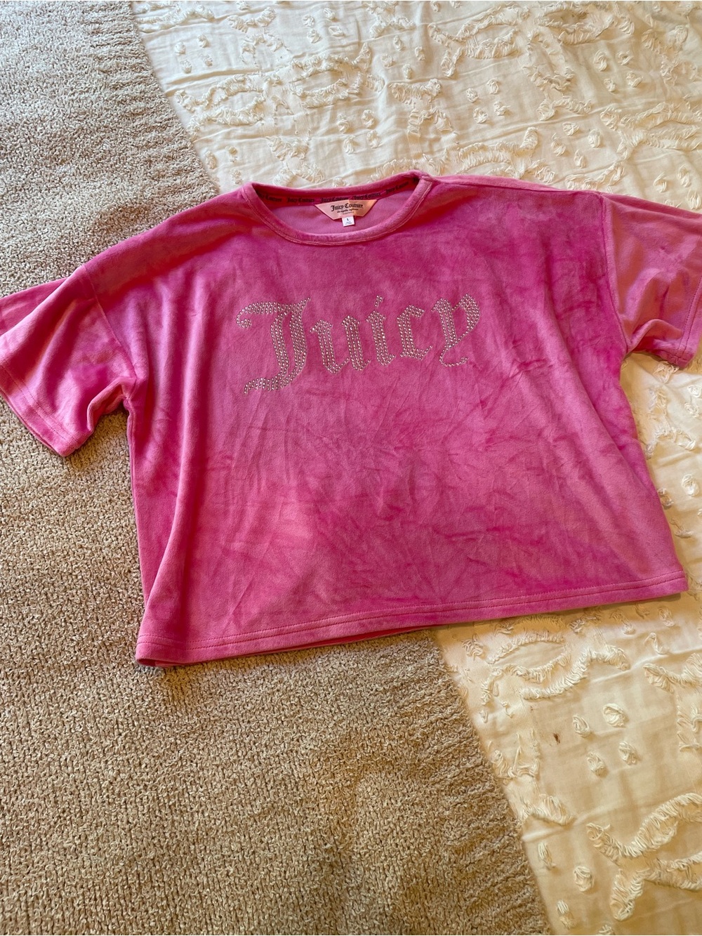 Juicy Couture Hot Pink Velour Crystal Logo Crop Top EUC - size Large